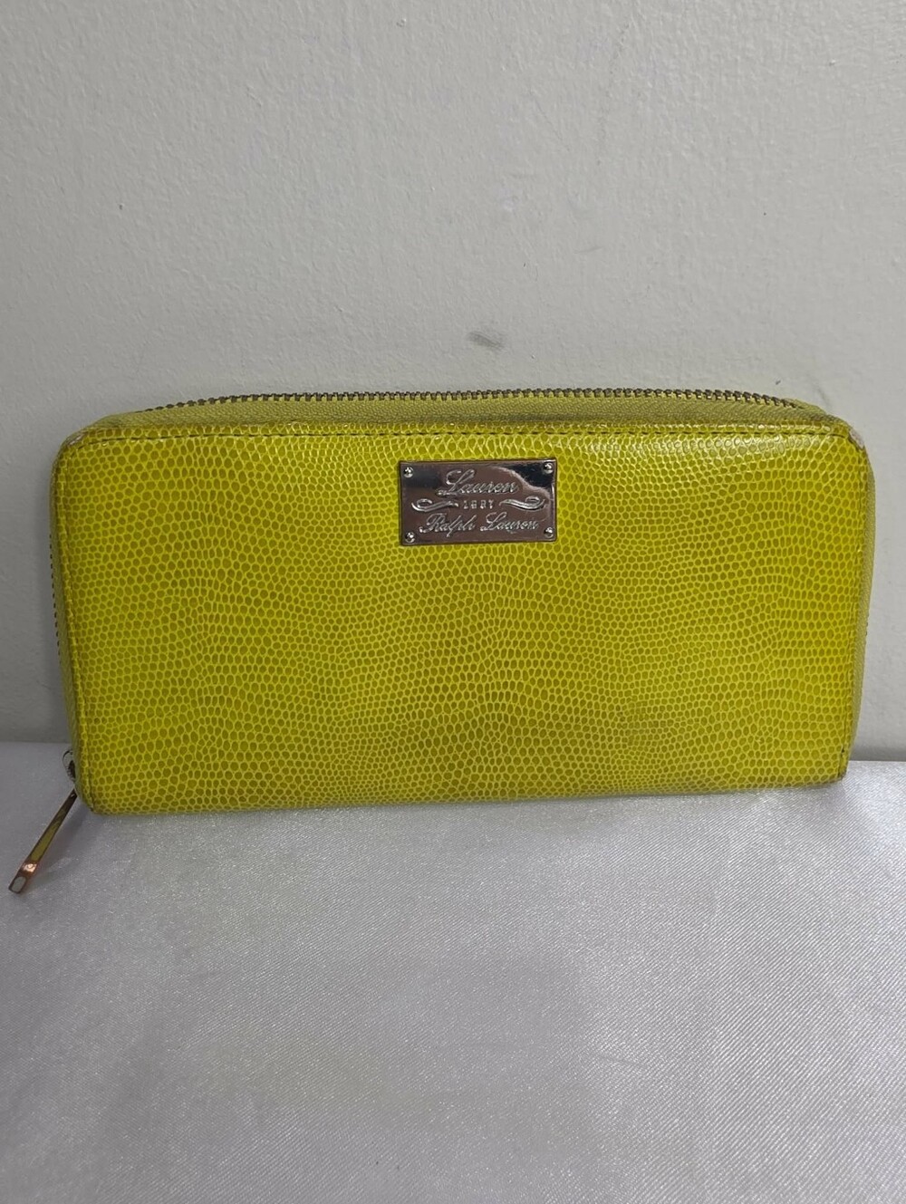Ralph Lauren Yellow Lizard-Embossed Zip Wallet with Metal Logo Plaque